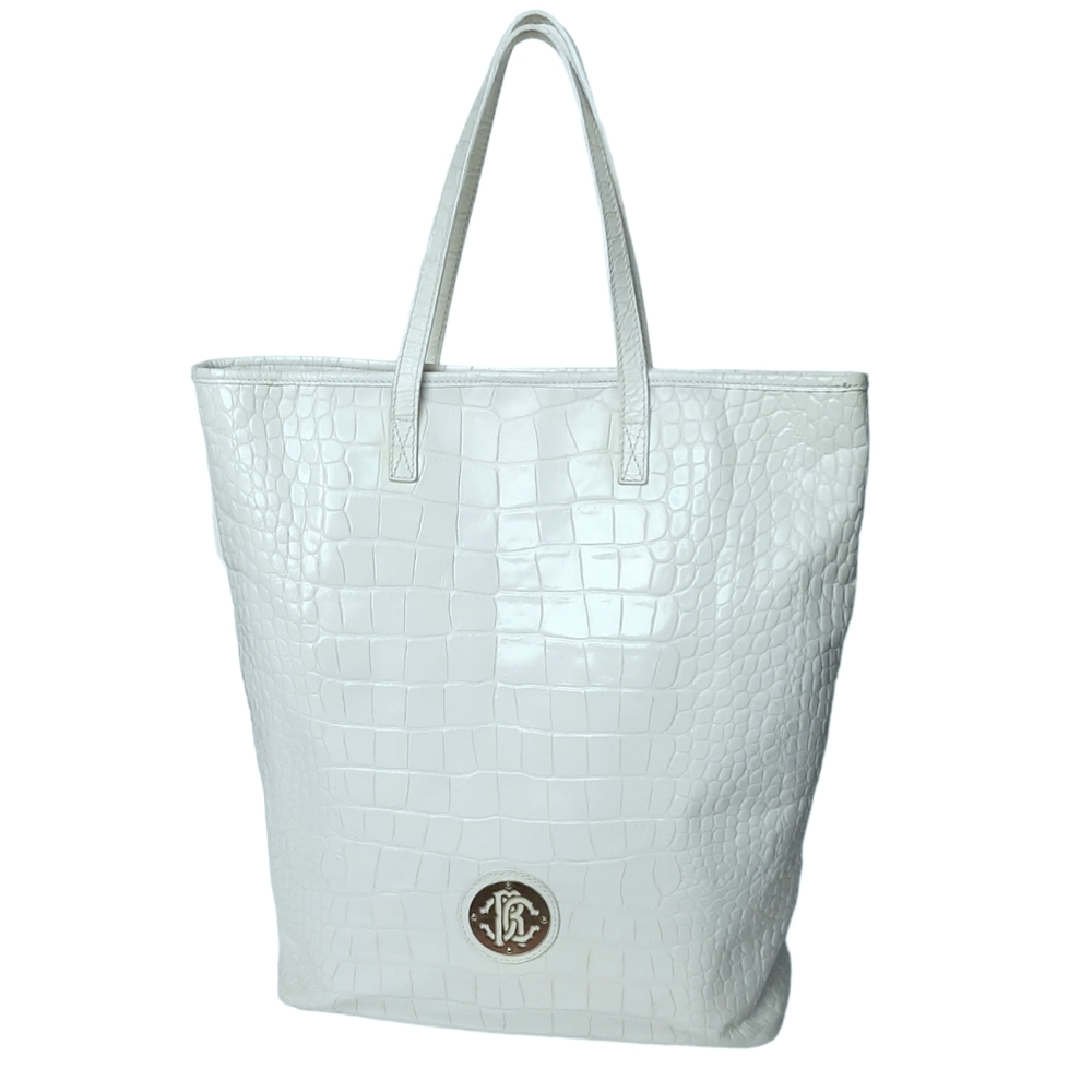 ROBERTO CAVALLI Croc Embossed  Leather Tall Tote White